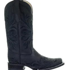 All Black Tooled Inlay Square Toe Cowboy Boots