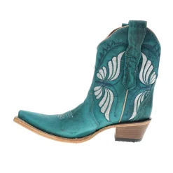 Aqua Butterfly Embroidered Ankle Pull On Cowboy Booties