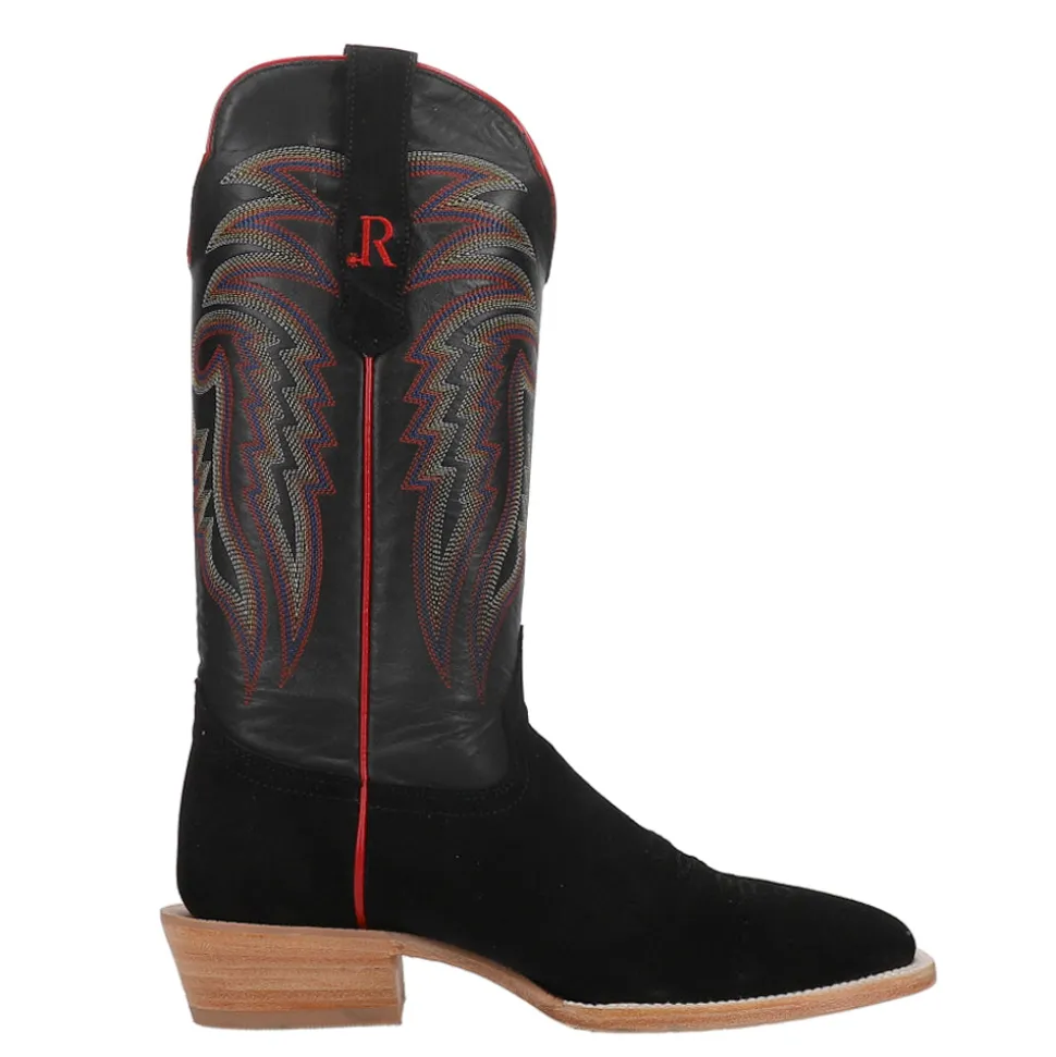Black Rough Out Wide Embroidered Square Toe Cowboy Boots