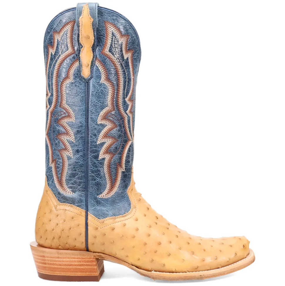 Brady Full Quill Ostrich Embroidered Square Toe Pull On Cowboy Boots