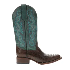 Chocolate Blue Embroidered Snakeskin Square Toe Pull On Cowboy Boots