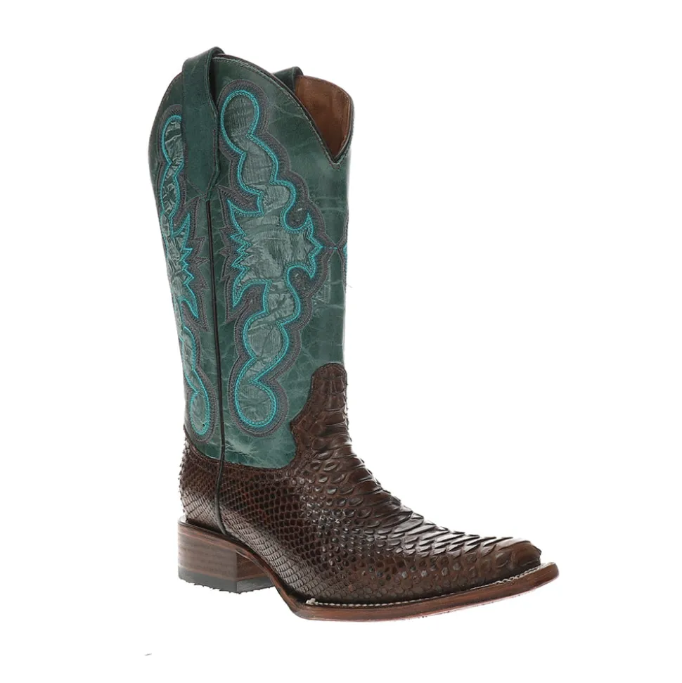 Chocolate Blue Embroidered Snakeskin Square Toe Pull On Cowboy Boots