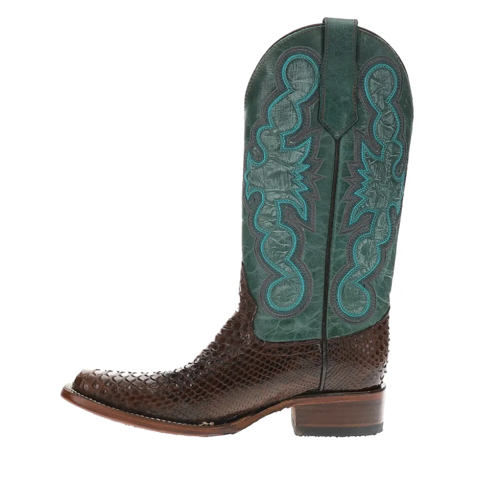 Chocolate Blue Embroidered Snakeskin Square Toe Pull On Cowboy Boots