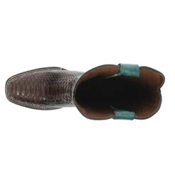 Chocolate Blue Embroidered Snakeskin Square Toe Pull On Cowboy Boots