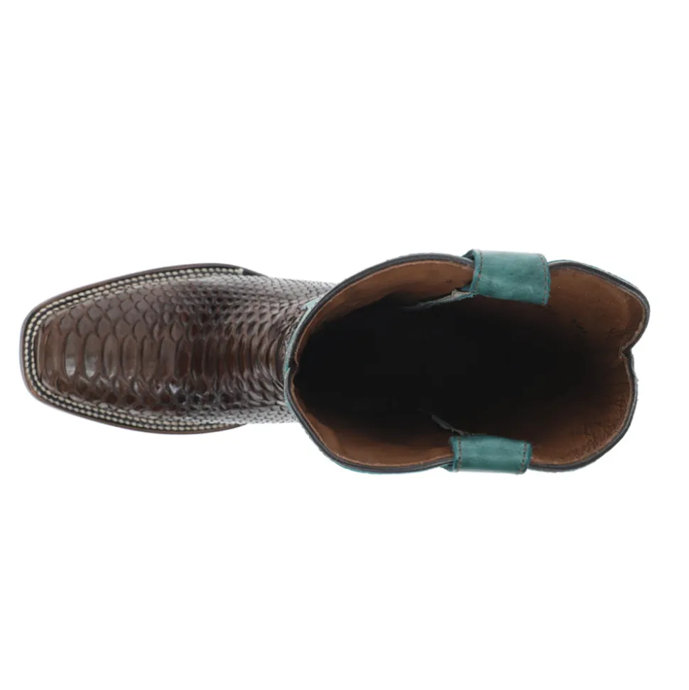 Chocolate Blue Embroidered Snakeskin Square Toe Pull On Cowboy Boots