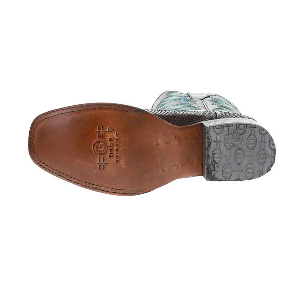Chocolate Blue Embroidered Snakeskin Square Toe Pull On Cowboy Boots