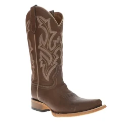 Chocolate Wide Embroidered Square Toe Pull On Cowboy Boots
