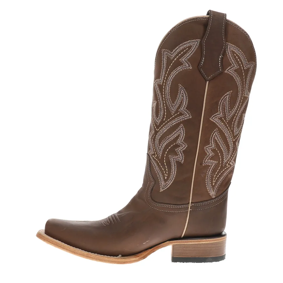 Chocolate Wide Embroidered Square Toe Pull On Cowboy Boots