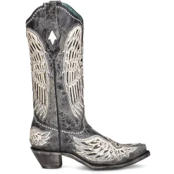 Cross and Wings Overlay Studded Snip Toe Cowboy Boots