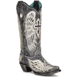 Cross and Wings Overlay Studded Snip Toe Cowboy Boots
