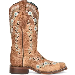 Distressed Glow In The Dark Floral Embroidered Square Toe Cowboy Boots