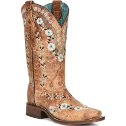 Distressed Glow In The Dark Floral Embroidered Square Toe Cowboy Boots