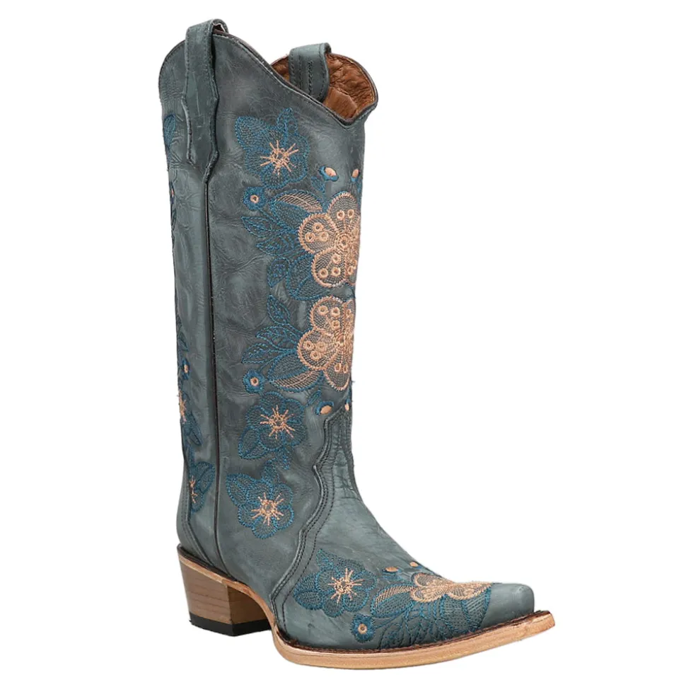 Floral Embroidered Snip Toe Pull On Cowboy Boots