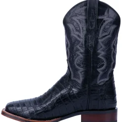 Kingsly Caiman Croc Embroidered Square Toe Pull On Cowboy Boots