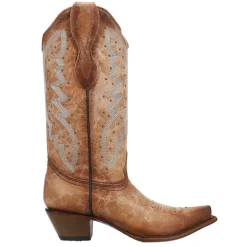 LD Brown Embroidered Studded Snip Toe Cowboy Boots