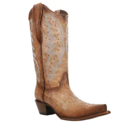 LD Brown Embroidered Studded Snip Toe Cowboy Boots