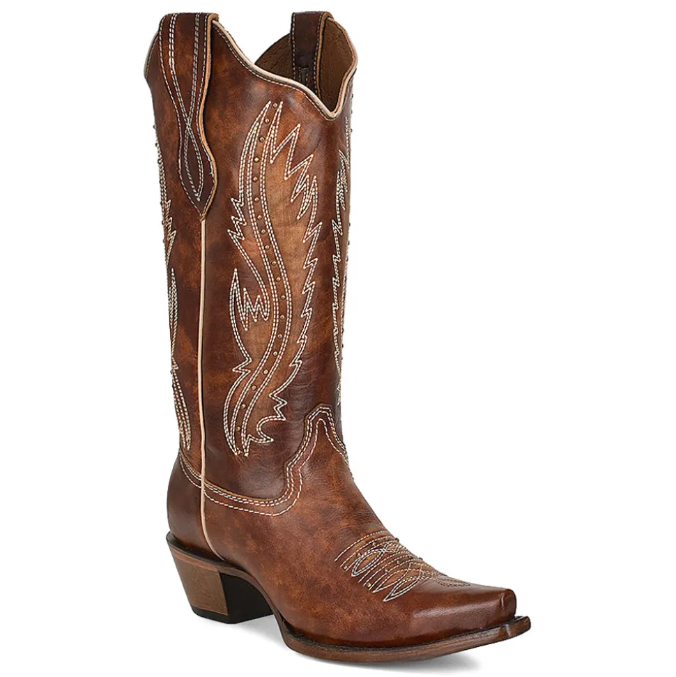 LD Tan Embroidered Studded Snip Toe Cowboy Boots