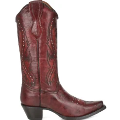 LD Wine Embroidered Studded Snip Toe Pull On Cowboy Boots