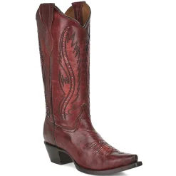 LD Wine Embroidered Studded Snip Toe Pull On Cowboy Boots