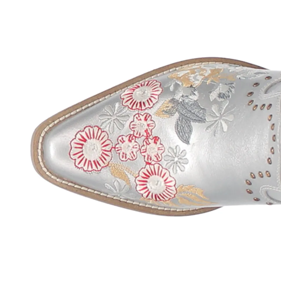 Poppy Floral Metallic Embroidered Studded Snip Toe Cowboy Boots