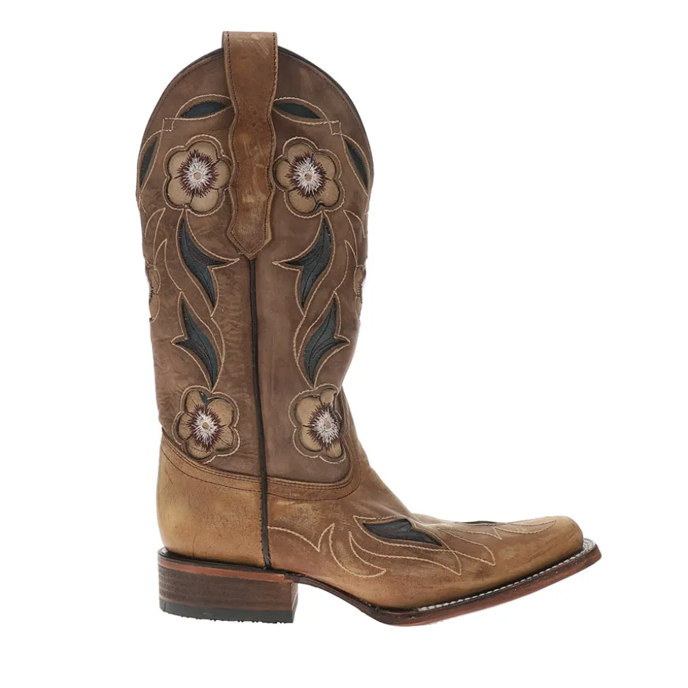 Sand Flower Inlay Embroidered Square Toe Pull On Cowboy Boots