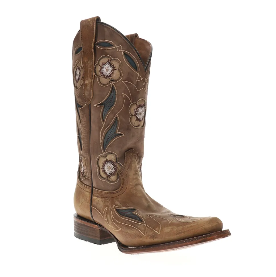 Sand Flower Inlay Embroidered Square Toe Pull On Cowboy Boots