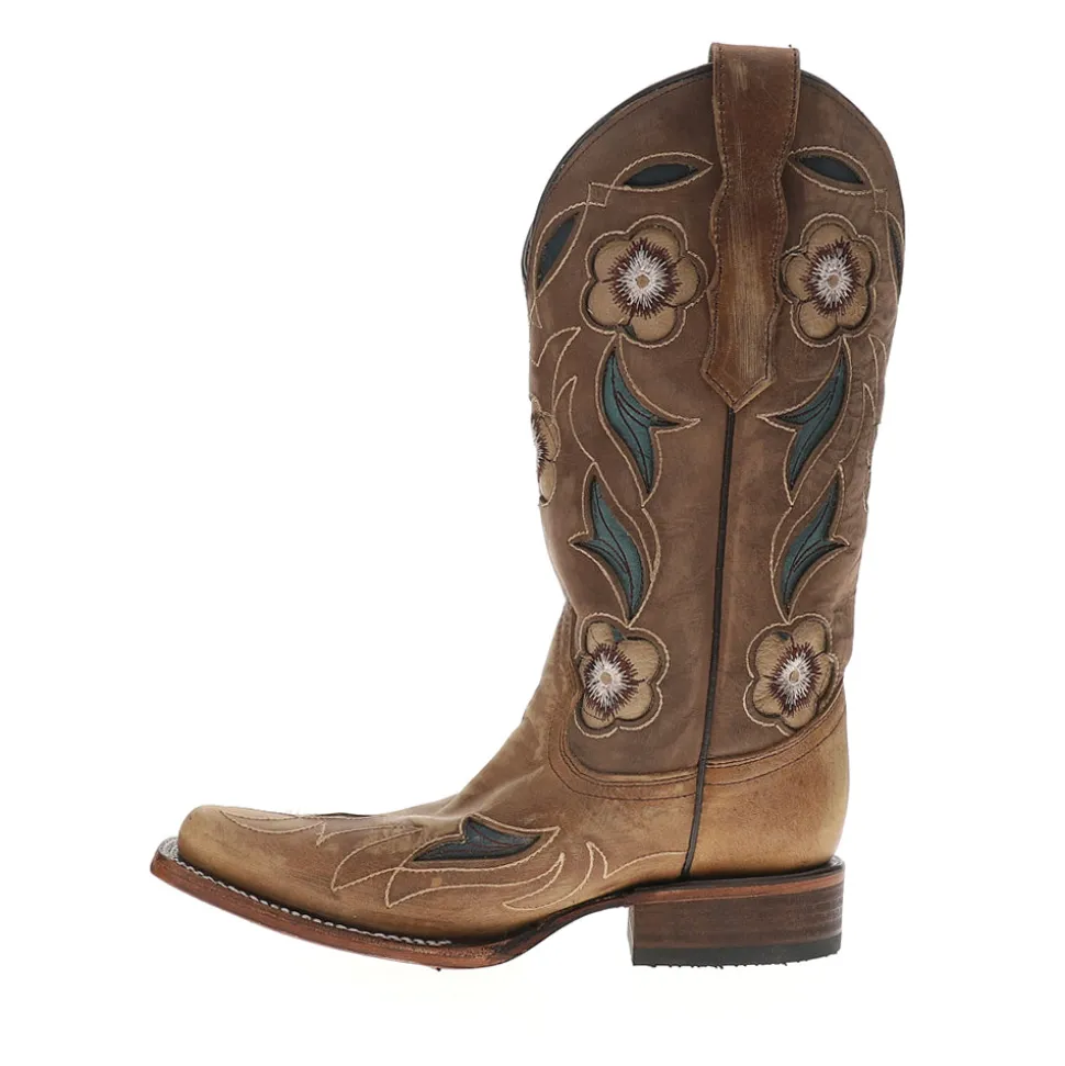 Sand Flower Inlay Embroidered Square Toe Pull On Cowboy Boots