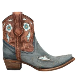 Tooled Inlay Floral Embroidered Snip Toe Zippered Cowboy Booties