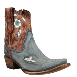 Tooled Inlay Floral Embroidered Snip Toe Zippered Cowboy Booties
