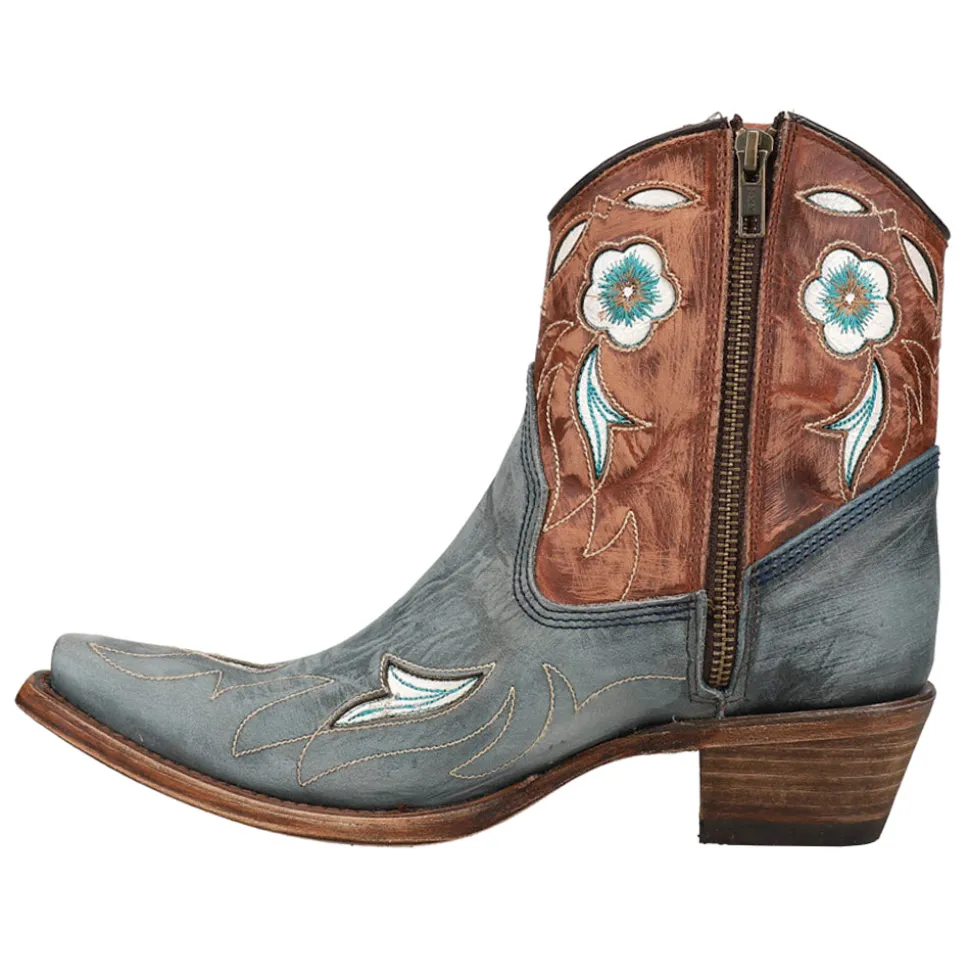 Tooled Inlay Floral Embroidered Snip Toe Zippered Cowboy Booties